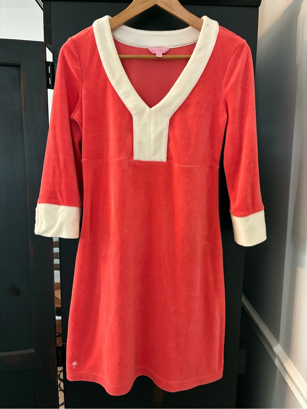 Lilly Pulitzer Coral Mini Dress with White
V-Neck & Cuffs